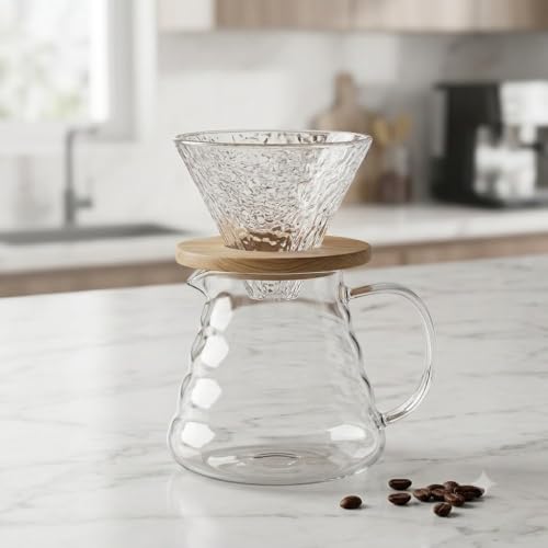 Image of 850ml Pour Over Coffee Maker with Glass Filter Cone - Heat Resistant Borosilicate Glass Drip Brewer Borosilicate Glass Brewer with Glass Filter Cone (Perfect for 4 Cups)