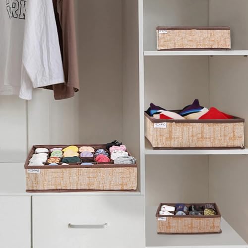 Image of HOKIPO Fabric Undergarment Clothing Organizer Storage Box for Drawers Bra Panty Socks Tie Lingerie Organizer for Wardrobe, 4 Pcs-6+8+8+24 Grids (NEW-332 + 334 + 335 + 336), Brown
