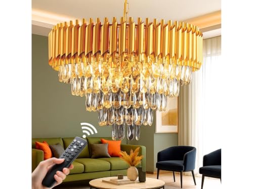 Image of Zingy Modern Gold Crystal Moving Chandelier, 600mm (60 Cm. (23.6 Inch) Round LED Pendant Light with Remote Control, Multicolour Changing,Luxury Contemporary Ceiling Light Fixture for Decoration A