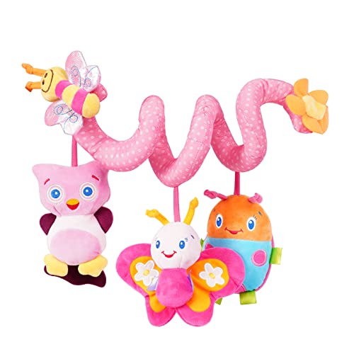 Image of Jollybaby Baby Car Seat Stroller Toys, Plush Activity Hanging Spiral Activity Pram Crib with Music Box, Rattles, Squeaker for Babies Infant Boys Girls(Pink)