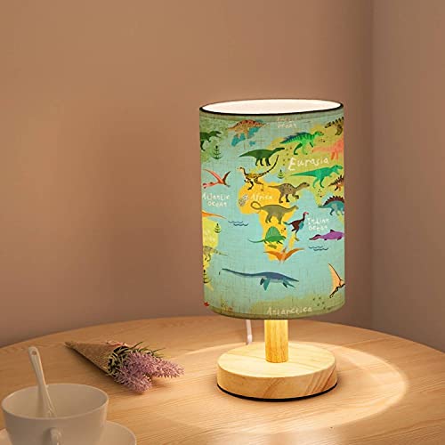Rainfallaring Minimalist Bedside Table Lamp Dinosaurs Map Of The World For Children And Kids Solid Wood Nightstand Lamp Bedside Desk Lamp Wood Base Flaxen Fabric Shade For Bedroom Living Room #TOP1