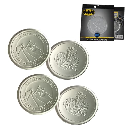 Image of DC Batman Set of 4 Embossed Metal Coasters – Officially Licensed, Non-Slip Cork Base, Display Box Included (89mm Diameter)