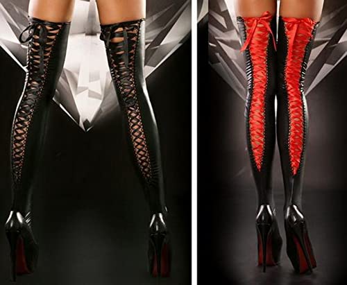 Faringoto Meias-calças femininas de couro envernizado sobre o joelho, Vermelho, Tamanho Único