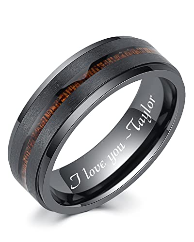 LerchPhi 8MM Mens Wedding Band Black Zirconium Ring KOA Wood Inlay Stepped Edge Unisex Promise Ring for Him and Her