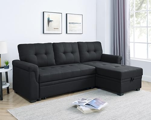 L Shaped Convertible Sleeper Sectional Sofa Pull-Out Couch Bed, Tufted Linen Upholstered Reversible Corner Couch Pullout Sofabed w/Detachable Backrest and Storage Chaise
