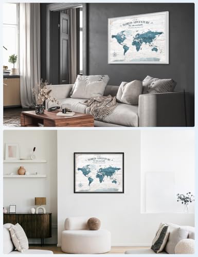 Image of IPIC - Personalized World Map Canvas Wall Art, Push Pin Map with Custom Names to Track Your Travels, Vintage Teal Framed Wall Decor for Home, Office, Living Room or RV, Ready to Hang