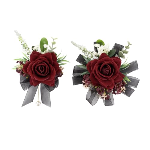 Yelinart Burgundy & Black Corsage and Boutonniere Set Corsage Wristlet for Women and Boutonniere for Wedding Prom Homecoming Artificial Rose Flowers Boutonniere and Wrist Corsage