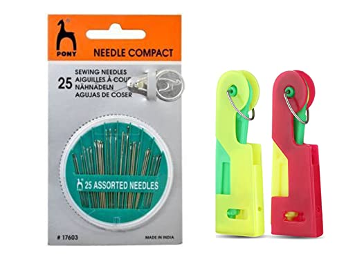 Artonezt-Pony-Needle-Compact-Sewing-Needles-with-Threader-1-Pack-of-25-pcs-Assorted-Needles-Automatic-Needle-Threading-Device-Set-of-2-Hand-Sewing-Tools-Self-Needle-Threading-Tool