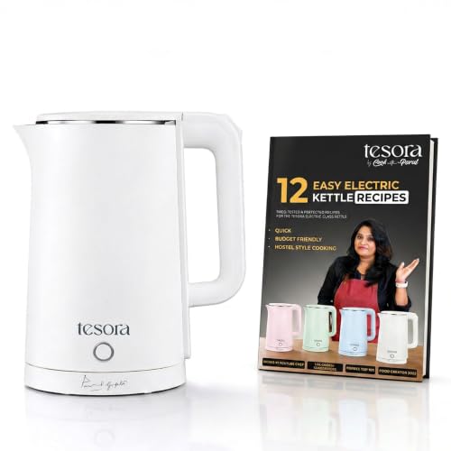 Image of Tesora by Cook with Parul Electric Kettle, 1.8L, 12 Recipes Book Included, 1500W, 100% Stainless Steel Inner Body, Auto Shut-Off, Boil-Dry & Overheat Protection, Cool Touch Double Wall (White)
