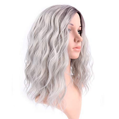 Faelbaty 14 Inch Curly Grey Wig Short Bob Wigs Shoulder Length Side Part Women's Short Wig Ombre Color Synthetic Cosplay Wig For Girl Halloween Costume Wigs Ombre Purple Grey Color #TOP2