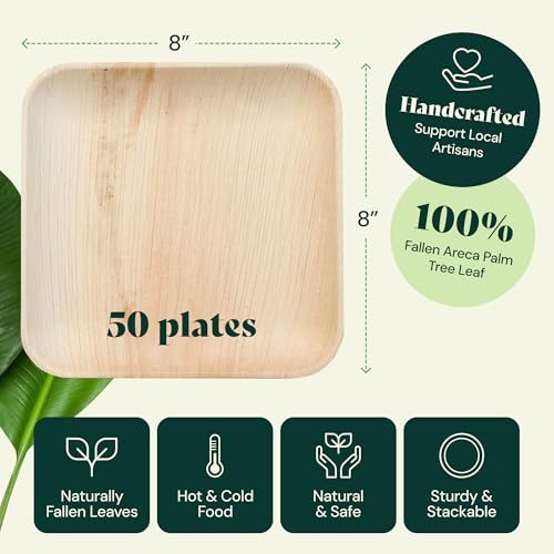 Chic Leaf Palm Leaf Plates Disposable Inch Square Pack Compostable Biodegradable & Eco Friendly Plates for 4th of July - Microwave Safe, Disposable for Party Events or Wedding Decor (50, 8" Pack) - Image 3
