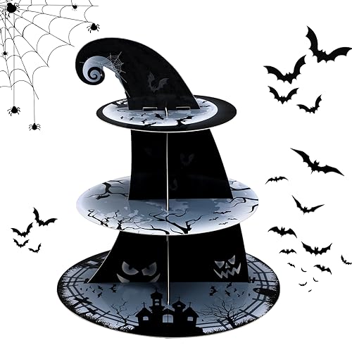 Zopeal 3 Tier Halloween Cupcake Stand The Nightmare Cardboard Cake Stand Tower Pumpkin Bat Scary Party Cupcake Serving Tray Dessert Tower for Halloween Carnival Party Decoration Supplies