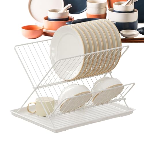 Escurridor de platos de metal, escurridor de platos plegable - Escurridor de platos de 2 niveles para encimera de cocina | Escurridor de cocina plegable y extraíble, colector de agua para encimera d