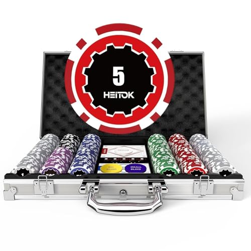 HEITOK Poker Koffer 300 Chips Set – 11,5g Pokerchips mit Wertaufdruck, Alu-Koffer, Karten, Würfel & Button