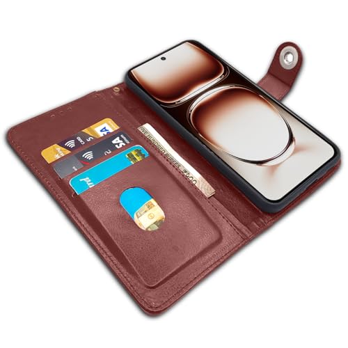 Image of Pikkme Flip Cover Leather Finish | Inside TPU with Card Pockets | Wallet Stand and Shock Proof | Complete Protection Button Flip Case for Oppo Reno 12 Pro 5G (Brown)