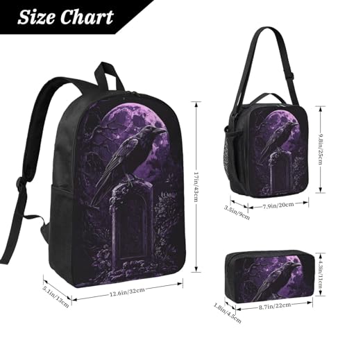 Gothic Raven Backpacks 3 Pcs Lightweight Casual Backpack with Fun Graphic Cartoon Print for Daily Commute2