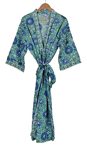 Kimono Women's Pure Cotton Handprinted House Robe Summer Kimono Floral Beach Coverup/Comfy Maternity Mom Aqua Green Blue Bloom Gardenia By THE EASTERN LOOM.