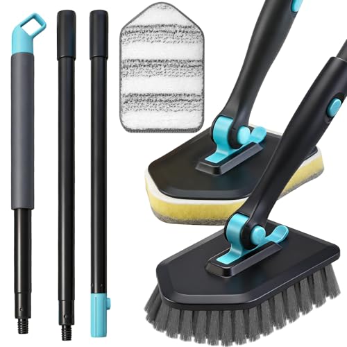 MOSEN Shower Cleaning Brush with Long Handle, 3 in 1 Tub and Tile Scrubber Brush with 50.4'' Extendable Long Handle Detachable Stiff Bristles Scrub Brush for Cleaning Bathtub Shower Bathroom (Black)