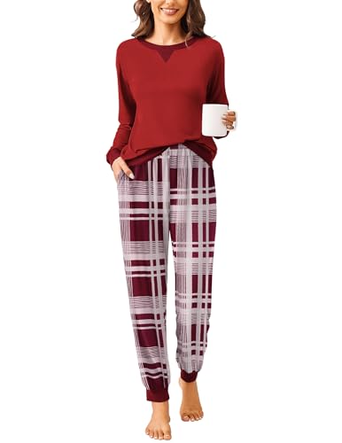 Ekouaer Schlafanzug Damen Lang Pyjama Langarm Sternen Schlafanzüge Für Frauen Pyjama Set Mit Tasche Pjs Zweiteiler Winter,Rot+kariert,L