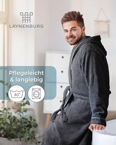 LAYNENBURG Bademantel Herren Frottee - Kapuze - Lang - 100% Baumwolle (360g/m2) - OEKO TEX Standard 100 - Größe (L, Anthrazit)