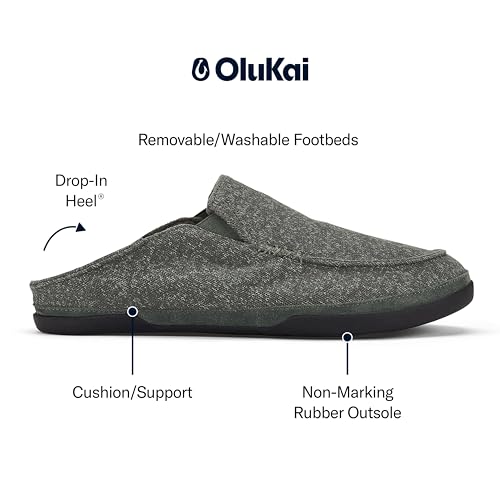 Image of OluKai Moloa Hulu Men's Wool-Blend Slippers, Soft & Heathered Knit Slip On Shoes, Suede Leather Foxing, Drop-In Heel Design