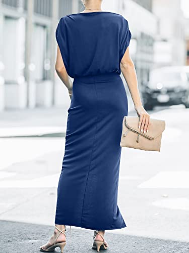 Anrabess Women's Short Sleeve Off Shoulder Casual Bodycon Maxi Elegant Cocktail Party Dress A880-Zhenglan-L Blue #TOP6