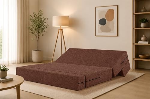 Image of Three Seater Sofa Cum Bed Jute Fabric 5 X 6 Ft| Space Saving Foldable Sofa Bed for Living Room & Guest Room | Comfortable Multi-Functional Furniture - Brown