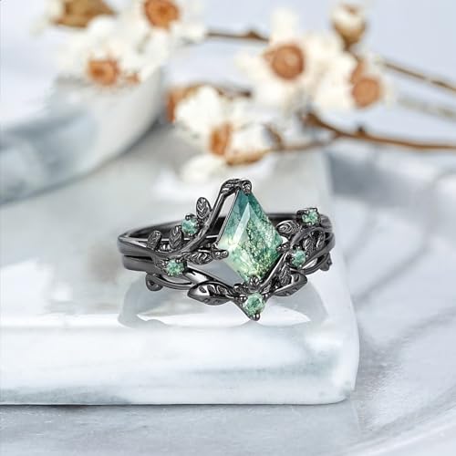 Natural Moss Agate Engagement Ring for Women Pear/Hexagon/Kite/Princess Cut Gemstone Genuine Moss Agate Wedding Ring Set Bridal Ring Set 925 Sterling Silver 10K 14K 18K Gold Moss Rings for Women Size 4-122