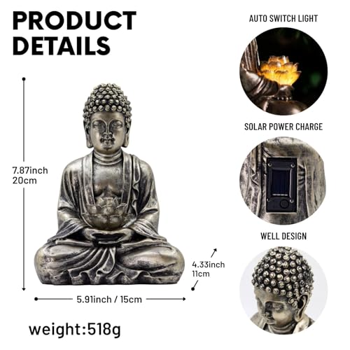 Estatua Buda Lotus con luces solares de resina para jardín miniatura 3