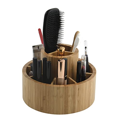 MSV - Organizador de Maquillaje Giratorio 360° - Gama ISALYS - 2 Compartimentos Grandes y 4 Pequeños - Almacenamiento Cosmético y Accesorios en Bambú - Beige