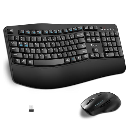 Wireless Keyboard and Mouse Combo, Full Size Wave Keys Ergonomic 2.4G Keyboard with Wrist Rest for Natural Typing, 3 DPI Adjustable Ergonomic Silent Mouse for Computer/Laptop/Windows/Mac (Black)