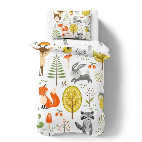phonxia Parure de lit 90x190 Enfant Garçons et Filles Housse de Couette 1 Personne ThèMe Animalier Impression Renard Lapin Hibou Cerf Branche Ensemble de lit et Taie d’Oreiller
