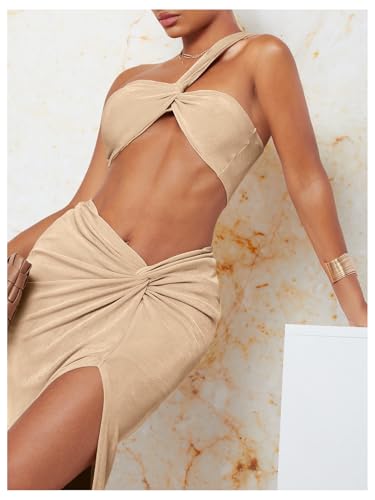 MakeMeChic Women's 2 Piece Outfits Twist One Shoulder Crop Top and Split Thigh Long Skirt Set3