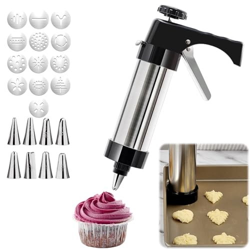 Kit de pistola de prensa de galletas, prensa de galletas de acero inoxidable incluye 13 discos de galletas y 8 boquillas de glaseado, perfecto para cortadores de galletas de Navidad, fabricante de
