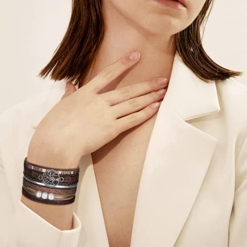Diamday 2Pcs Multilayer Leather Bracelet Set for Women Girls Bohemian Wrap Bracelet Heart Wrist Cuff Rhinenstone Bangles Wristband Jewelry Gift with Magnetic Clasp