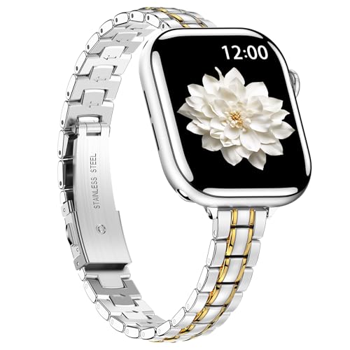 BAITEYOU Narrow Metal Band Compatible with Apple Watch Bands 38mm 40mm 41mm 42mm (Series 11 10) iwatch Stainless Steel Slim Thin Bands Series 9 8 7 SE 6 5 4 3 2 1 for Women Silver Gold