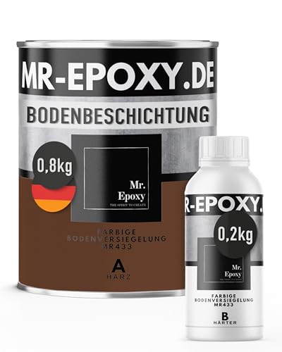 Mr. Epoxy Epoxidharz Bodenbeschichtung (1 kg, RAL 8011 Nussbraun) - 2K Betonfarbe für Garagen, Keller & Werkstatt Boden - Flüssigkunststoff Epoxid Grundierung und Bodenversiegelung