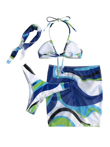 Milumia Women's 4 Piece Swimsuits Triangle Bikini Sets Bathing Suit with Mesh Cover Up Beach Skirt & Bandana2