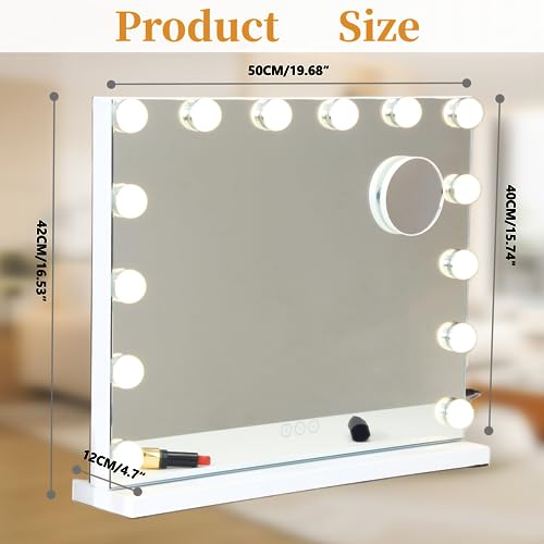 Nuvsan Vanity Mirror with Lights Lighted Makeup Mirror with Dimmable LED Bulbs, 3 Color Lighting Modes, USB Charging Port Touch Control, Sturdy Metal Frame Design,19.7 * 16.6inch White