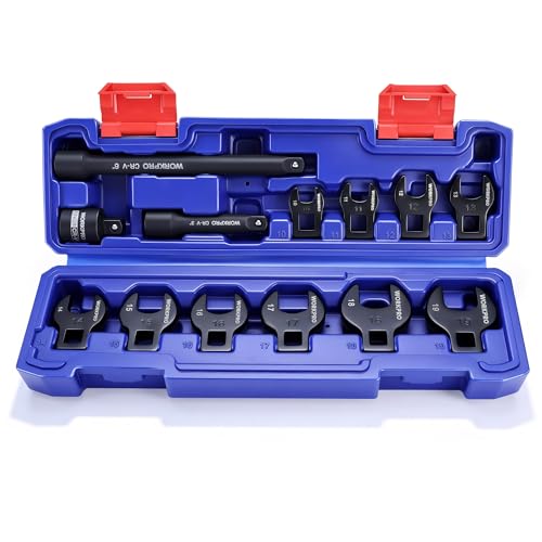 WORKPRO 3-8 Drive Crowfoot Wrench Set, 13 Pcs Metric Crows Foot Wrench Set with 2 Extension Bars, 1-2 to 3-8 Adapter, and Portable Storage Box, 10mm to 19mm, Access Fasteners in Tight Spaces