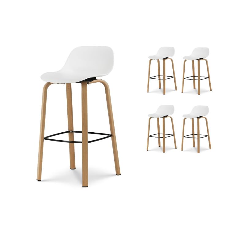 Kosmi Lot de 4 tabourets de Bar Blancs Style scandinave avec Pieds Effet Bois en métal - Hauteur 76cm
