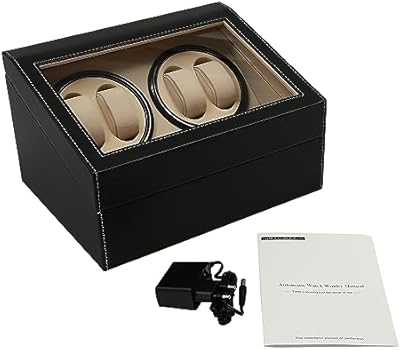 MINUS ONE Watch Winder Watch Box, Automatic Watch Winder Box 100-240V Watch Winder for 4 Automatic Watches 6 Grates, Watch Case, Silent Motor, Black, Black Leather 4 6, Black, Classic