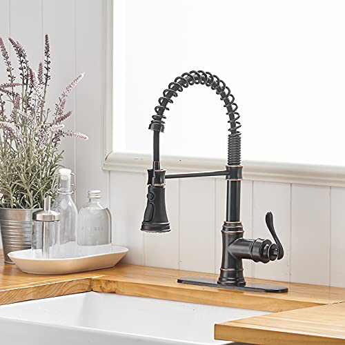 Bwe Kitchen Sink Faucet With Deck Plate Single Handle Lever With Pull Down Sprayer Spring 3 Function Kitchen Faucet High Arc Lead-Free Farmhouse Commercial Bar Kitchen Faucets Oil Rubbed Bronze #TOP2