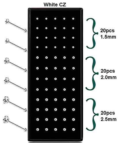 ORiTi Small Nose Rings Studs for Women and Men 316L Stainless Steel Crystal Nose Piercing Jewelry Nose Studs Ring Hoop Bone Studs Body Jewelry 20G 1.5MM 2.0MM 2.5MM 60pcs Silver