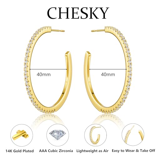 CHESKY Large Rhinestone Post Open Hoop Earrings - 14k Gold Thin Cubic Zirconia Round Hoops 15/20/25/40/50mm Hypoallergenic Sparkly Earrings for Women Trendy Jewelry Gifts