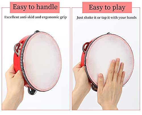 Tamborines Musical Instrument,Dreokee 7 Inch Red Wooden Handheld Tamborine With 5 Pair Metal Jingle Bells Percussion Instrument Musical Instrument Tambourines For Adults Party Education Church #TOP3