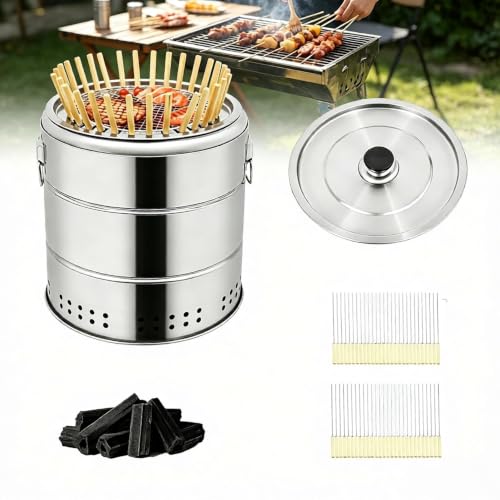 Tragbarer, Rauchfreier Holzkohle-fassgrill Mit 30 Spießen, Edelstahl-kebabgrill, 360°-rundum-grillrost Für Drinnen Und Draußen, Camping, Terrasse, Picknick