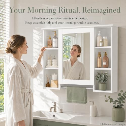Bathroom Wall Cabinet with Mirror & Towel Bar, 3 Adjustable Shelves, White by Keehusux - Used condition - Image 2