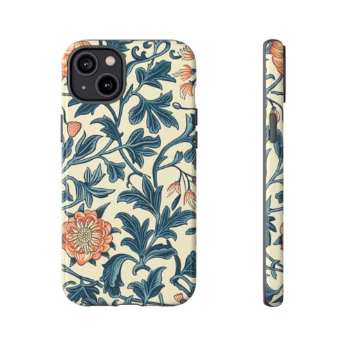 Coque iPhone 14 Plus rigide brillante motif floral bleu et orange chic