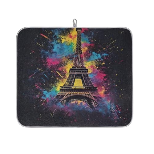 Tapete de secado de platos de la Torre Eiffel de París de acuarela para encimera de cocina, tapete absorbente para máquina de café, tapete escurridor de platos de microfibra antideslizante, 16 x 18